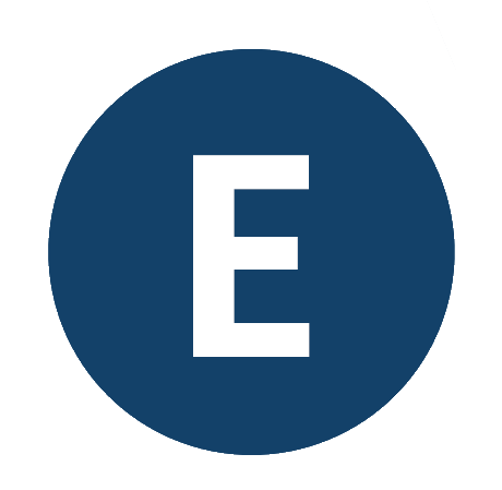 A white letter 'E' in a blue circle